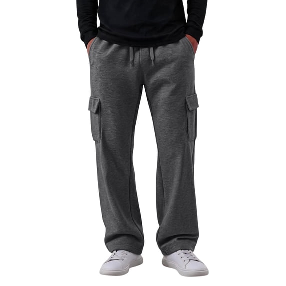 Mens Heavyweight Fleece Cargo Sweatpants - Baggy Solid Cargo Pants with 4 Pockets Adjustable Drawstring