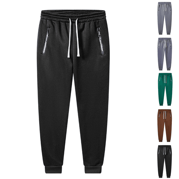 Mens Heavyweight Fleece Lined Jogger Trousers Elastic Cuff Casual Winter Sweatpants with Zipper Side Pockets for Daily Wear
