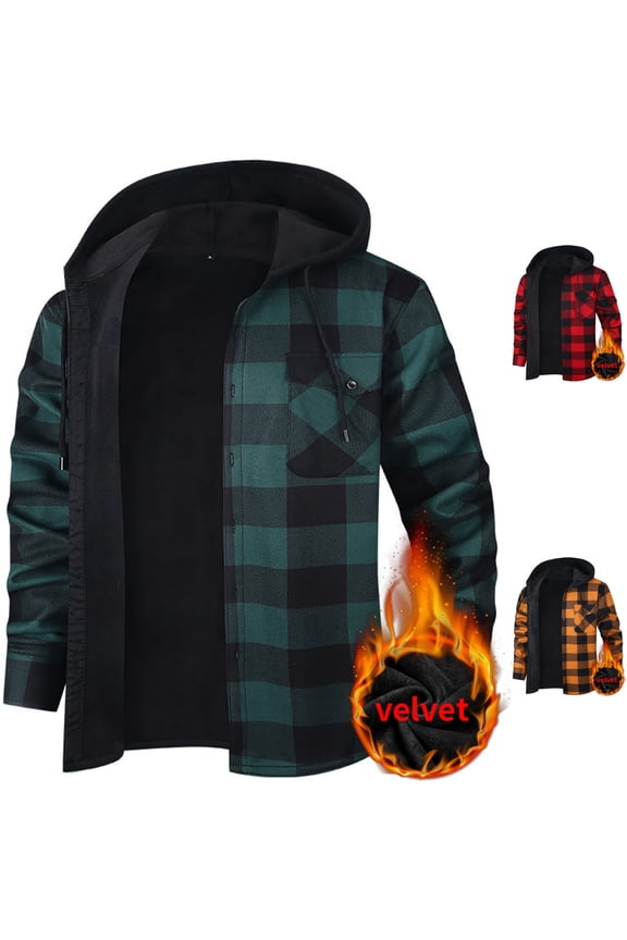 Mens Heavyweight Hooded Shacket Fleece Lined Plaid Shirt Jacket Warm Flannel Work Coat Button Down with Chest Pockets for Winter Camping, Green, XL
