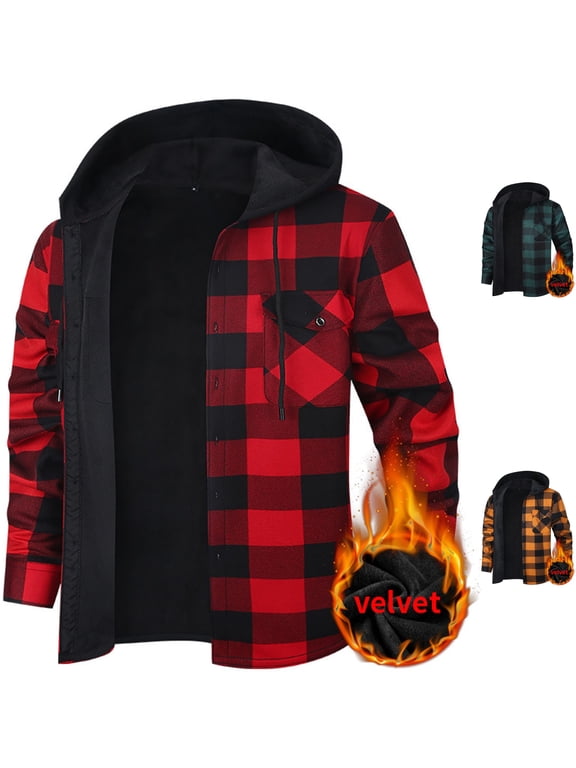 Mens Heavyweight Hooded Shacket Fleece Lined Plaid Shirt Jacket Warm Flannel Work Coat Button Down with Chest Pockets for Winter Camping, Red, L