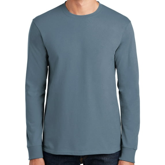 Mens Heavyweight Long Sleeve 100% Cotton Tee Shirt, Large Stonewashed Blue