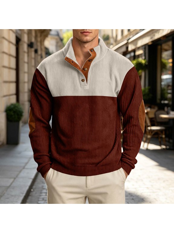 Mens Henley Corduroy Sweatshirt Casual Sweaters for Men Long Sleeve Casual Fashion Button Pullover