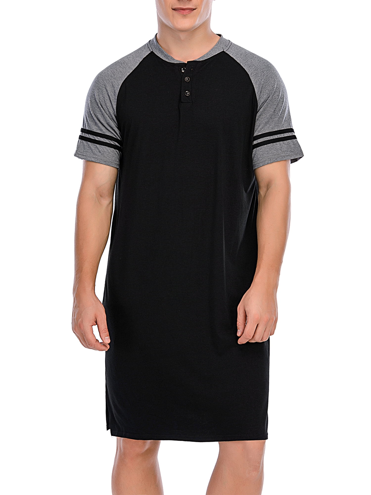 Mens Henley Long Sleep Shirt Nightshirt, ShortSleeve Comfy Sleepwear Sleep Shirt, Soft