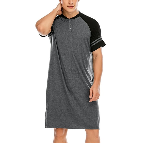 Mens Henley Long Sleep Shirt Nightshirt, Short-Sleeve Comfy Sleepwear Sleep Shirt, Soft Nightshirt Cotton Nightgown Pajamas Black/Grey/Red/Blue, M-3XL