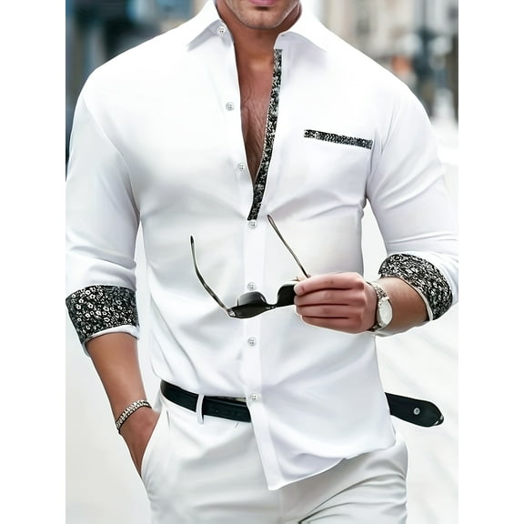 Mens Henley Long Sleeve Casual Shirts Dress Shirts Formal Wedding Prom Long Sleeve Button Down Shirts White L
