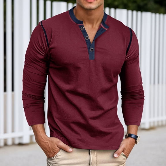 Mens Henley Long Sleeve Shirt Solid Color Trend Comfort Loose Button Up Polo Shirt Pullover Fall Comfort Classic Basic Tops Red XXXL