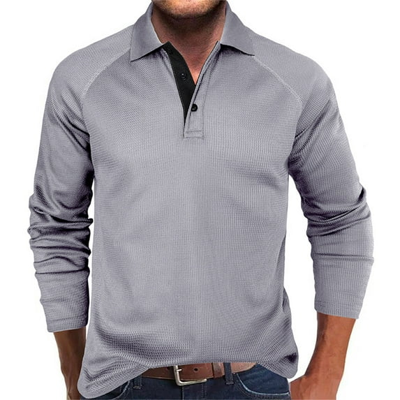 Mens Henley Long Sleeve Shirts Solid Color Lapel Pockets Basic Tops Business Office Polo Golf Tshirt Pullover Casual Fashion Waffle T-Shirts