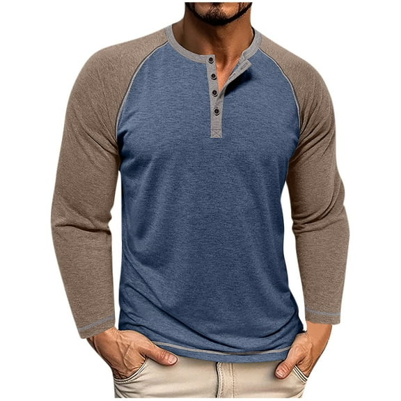 Mens Henley Long Sleeve T-Shirt Cotton Casual Shirt Vintage Raglan Sleeves Baseball Shirt Active Jersey Knit Tops