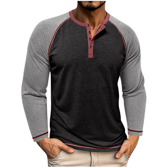 Mens Henley Long Sleeve T-Shirt Cotton Casual Shirt Vintage Raglan Sleeves Baseball Shirt Active Jersey Knit Tops