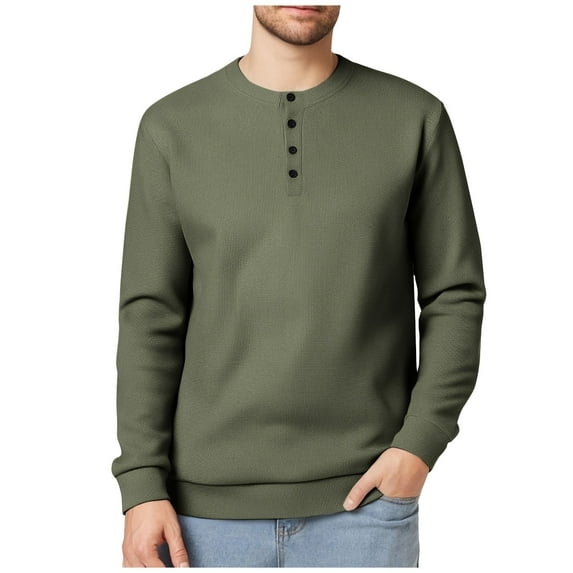 Mens Henley Shirt, Long Sleeve Shirts for Men Fall Casual Loose Fit Solid Color Button Up Crewneck T-Shirts Tops S-3XL