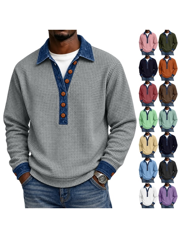 Mens Henley Shirt Long Sleeve Waffle Knit Denim Collar Button Down Pullover Casual Work Top Quarter Button Thermal Fall Winter Oversized Retro Western Khaki L