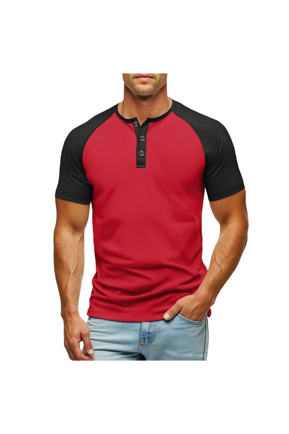 Mens Henley Shirt Raglan Sleeve Colorblock Summer Tshirt Shirt V Neck Collarless Slim Fit Button Down Tops