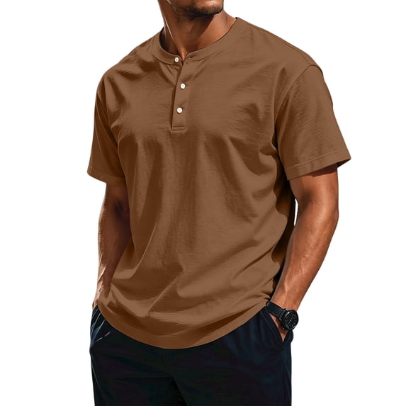 Mens Henley Shirt Short Sleeve Casual Button Basic Tees Slim Fit Stretch Summer T Shirts Brown 2XL