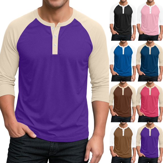 Mens Henley Shirts Casual 3/4 Sleeve Raglan Tees Workout T-Shirts | Baseball Tshirts, Henley Tops, Color Block, Lightweight, Classic, Workout,Vacations, Gym Purple M