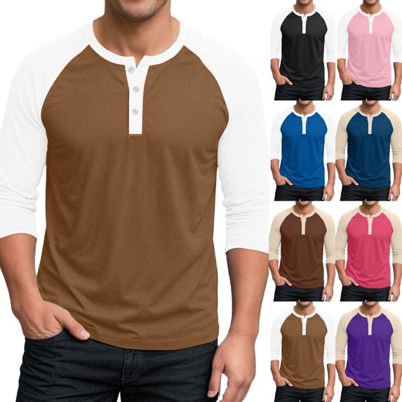 Mens Henley Shirts Casual 3/4 Sleeve Raglan Tees Workout T-Shirts | Baseball Tshirts, Henley Tops, Color Block, Lightweight, Classic, Workout,Vacations, Gym Light Brown M