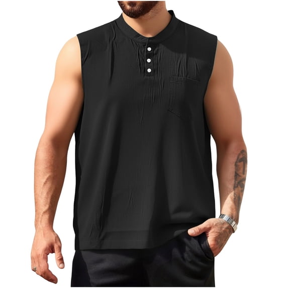 Mens Henley Shirts Casual Sleeveless T-Shirts Band Collar 3 Button Down Tank Tops, Summer Beach Vacation Shirt Lightweight Breathable Outdoor Workout Muscle Vest, Fashion Streetwear