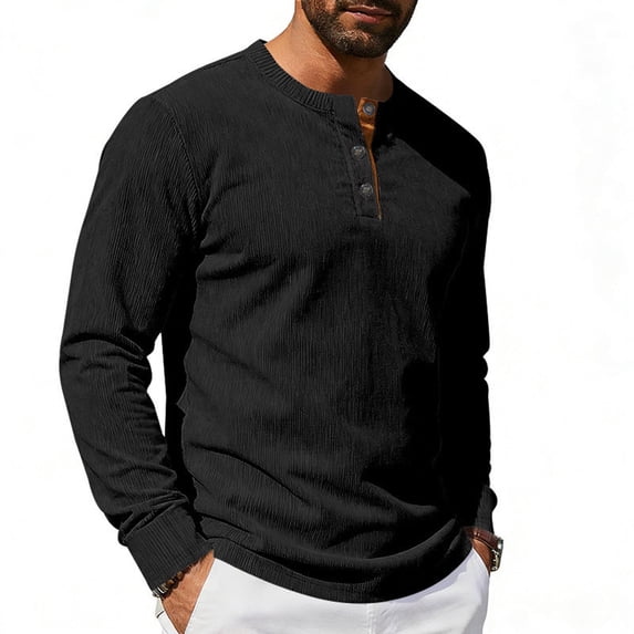 Mens Henley Shirts Casual Stylish Tshirt Lightweight Summer Basic Tee Solid Long Sleeved Stand-up Neck Button Casual Breathable T-shirt Black XL