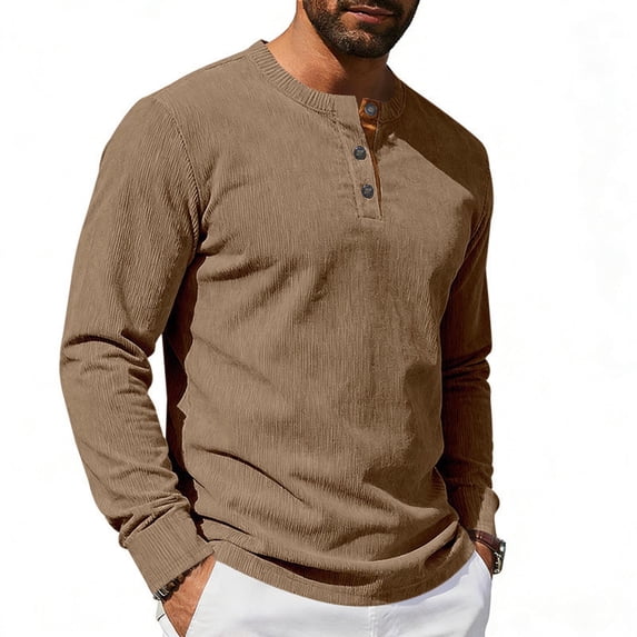 Mens Henley Shirts Casual Stylish Tshirt Lightweight Summer Basic Tee Solid Long Sleeved Stand-up Neck Button Casual Breathable T-shirt Brown L
