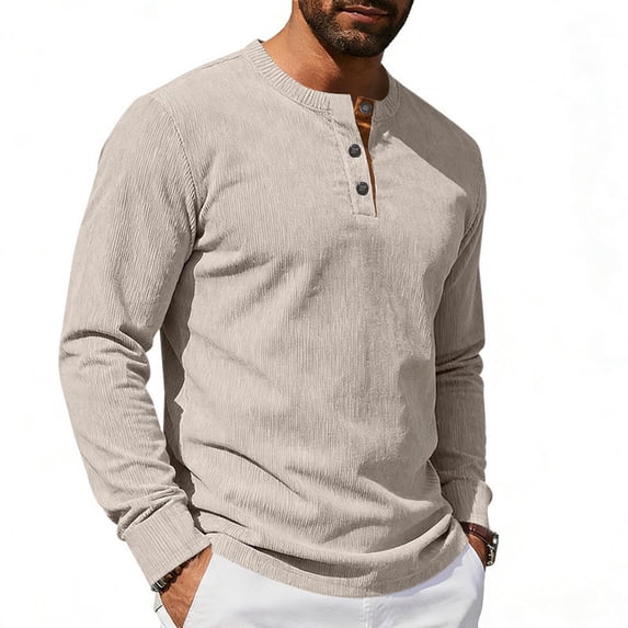Mens Henley Shirts Casual Stylish Tshirt Lightweight Summer Basic Tee Solid Long Sleeved Stand-up Neck Button Casual Breathable T-shirt Khaki S