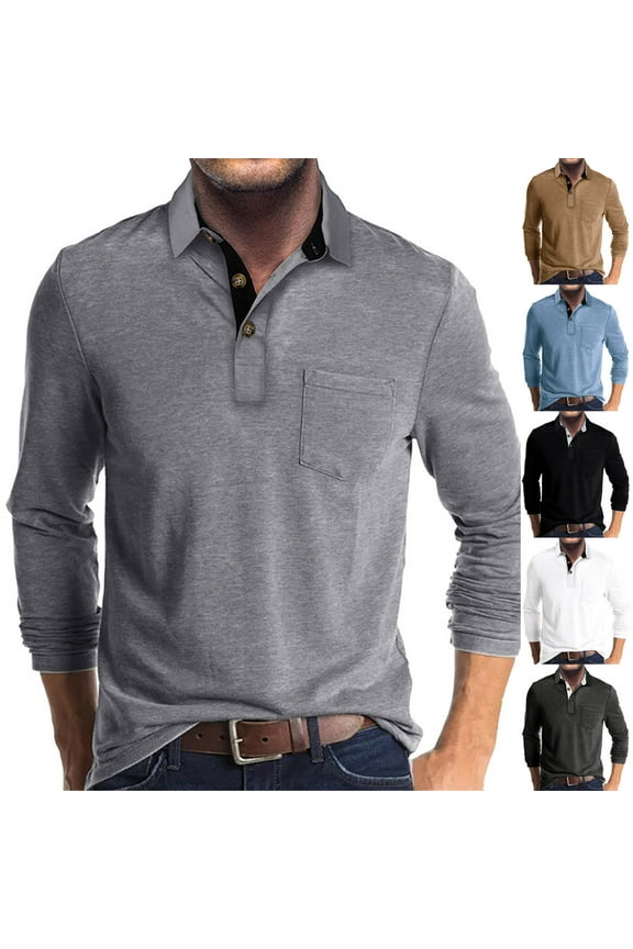 Mens Henley Shirts Cotton Casual Fashion Plain Shirt Tops with Pocket Golf Shirts Mens Long Sleeve Polo Shirts Golf Tops Casual Smart Grandad TShirt Designer