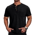 thumbnail image 1 of Mens Henley Shirts Lightweight Casual Summer 3 Button Tees Tops Cotton Classic Work Blend T-Shirts with Pocket,Black,XL, 1 of 6