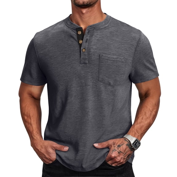 Mens Henley Shirts Lightweight Casual Summer 3 Button Tees Tops Cotton Classic Work Blend T-Shirts with Pocket,Dark Gray,M