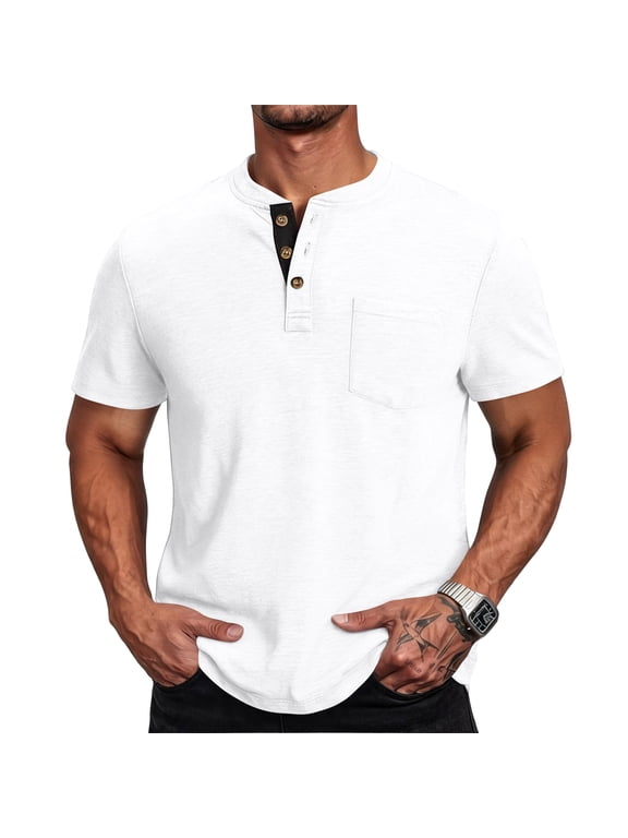 Mens Henley Shirts Lightweight Casual Summer 3 Button Tees Tops Cotton Classic Work Blend T-Shirts with Pocket,White,3XL
