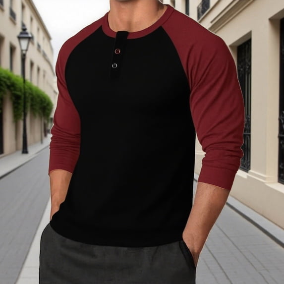 Mens Henley Shirts Long Sleeve Casual Basic T Shirts Button Vintage Lightweight Cotton Tee Tops Wine XXL