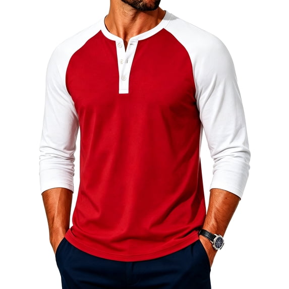 Mens Henley Shirts Long Sleeve Casual Raglan Block Shirts Button Basic T-Shirts Classic Vintage Tee Tops 2026 Vermilion XL