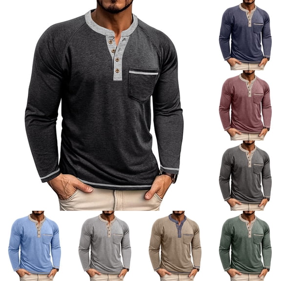 Mens Henley Shirts Long Sleeve Casual T-Shirts Basic Classic Vintage T Shirts Pocket Button Shirt Black M