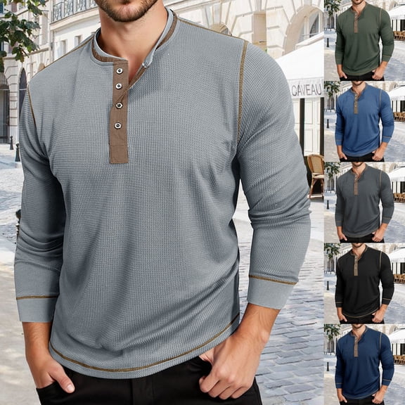 Mens Henley Shirts Long Sleeve Casual V Neck T-Shirt Lightweight Pullover Shirts With Button Dark Gray M