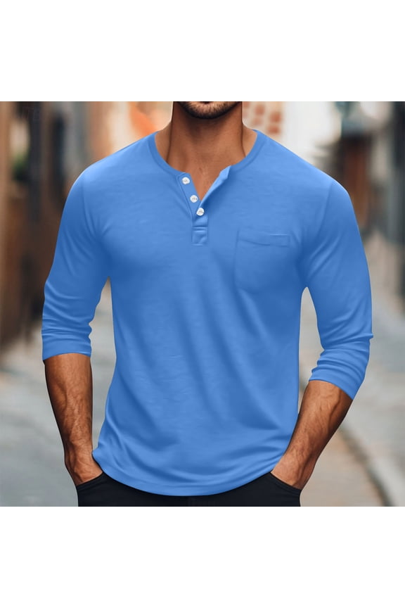 Mens Henley Shirts Long Sleeve Fashion Tee Shirts Slim Fit Buttons T-Shirts Casual Basic Pullover Top Blue M