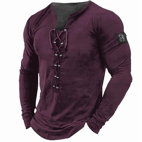Mens Henley Shirts Long Sleeve Vintage Adjustable Lace-Up Pirate Medieval Steampunk Tops Slim Fitted Muscle T Shirts Purple XXL