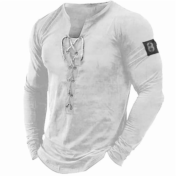 Mens Henley Shirts Long Sleeve Vintage Adjustable Lace-Up Pirate Medieval Steampunk Tops Slim Fitted Muscle T Shirts White XXL
