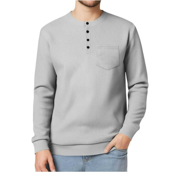 Mens Henley Shirts Long Sleeve Waffle Knit Tops Button down Loose Dressy Casual Fall Fashion Blouses Gray, 2XL