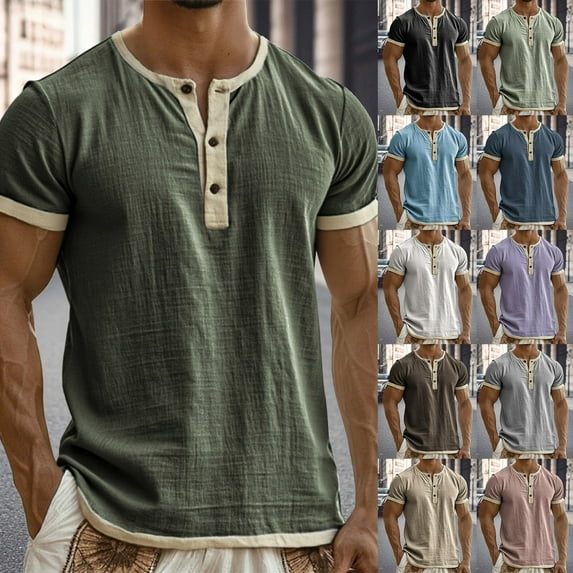 Mens Henley Shirts Patchwork Casual Lightweight V Neck T-Shirt Fashion Short Sleeve Shirts Navy XXXL