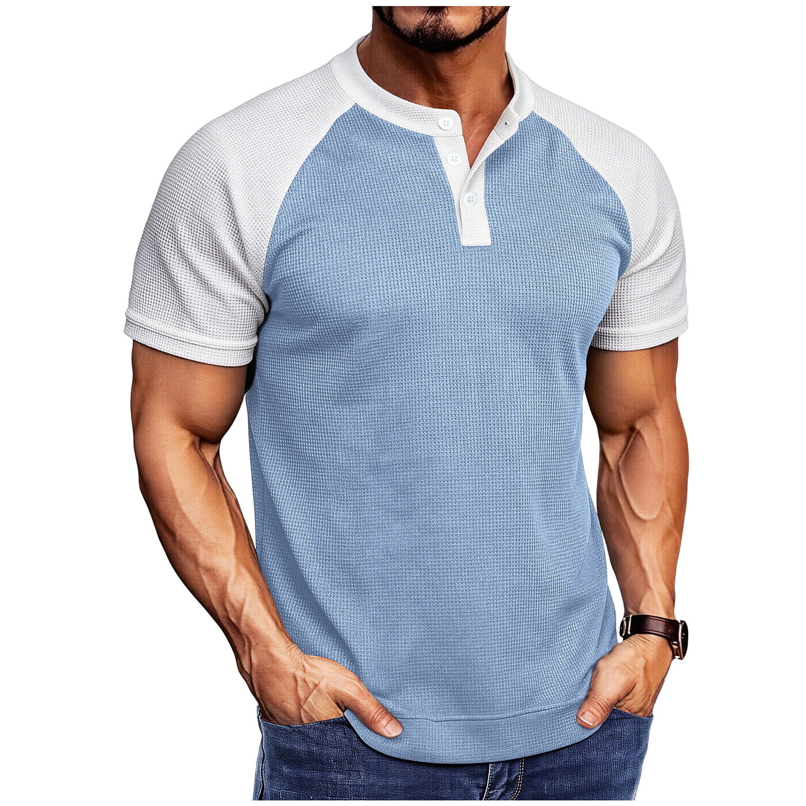 Mens Henley Shirts Raglan Short Sleeve Baseball Tees Casual Slim Fit T-Shirts Color Block Workout Top