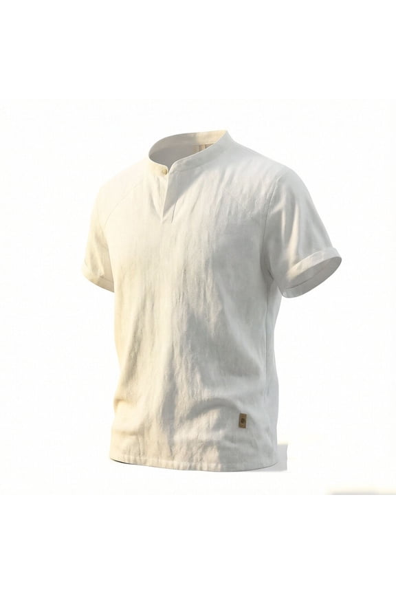 Mens Henley Shirts Short Sleeve Summer Basic T-Shirts Button Solid Collarless Work Office Shirts Loose Fit