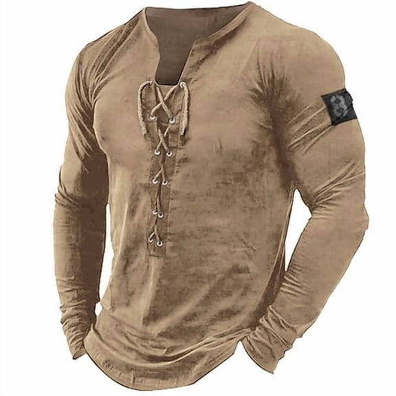 Mens Henley Shirts Vintage Distressed Tops Button Up Blouse Long Sleeve Casual Tee Shirts Gym Shirts Khaki XL