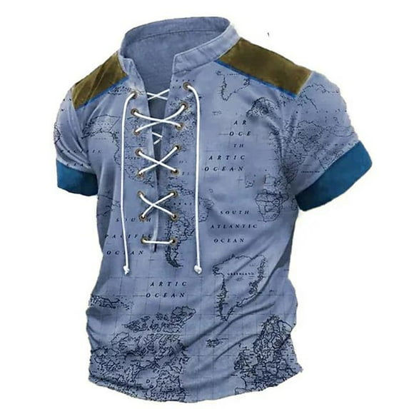 Mens Henley Shirts Vintage Distressed Tops Lace Up Blouse Short Sleeve Casual Tee Shirts Gym Shirts Blue L