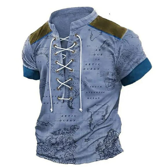 Mens Henley Shirts Vintage Distressed Tops Lace Up Blouse Short Sleeve Casual Tee Shirts Gym Shirts Blue L