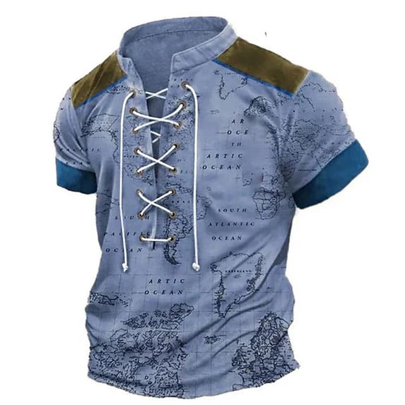 Mens Henley Shirts Vintage Distressed Tops Lace Up Blouse Short Sleeve Casual Tee Shirts Gym Shirts Blue XXL