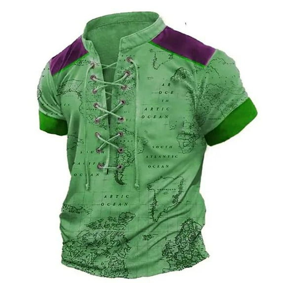 Mens Henley Shirts Vintage Distressed Tops Lace Up Blouse Short Sleeve Casual Tee Shirts Gym Shirts Green 3XL