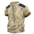 thumbnail image 1 of Mens Henley Shirts Vintage Distressed Tops Lace Up Blouse Short Sleeve Casual Tee Shirts Gym Shirts Khaki 3XL, 1 of 2