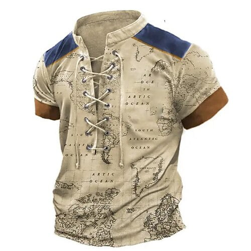 Mens Henley Shirts Vintage Distressed Tops Lace Up Blouse Short Sleeve Casual Tee Shirts Gym Shirts Khaki 3XL