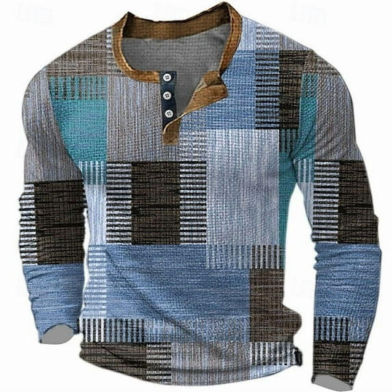 Mens Henley Shirts Vintage Patchwork Long Sleeve Tshirt Summer Festival Kurta Shirts Lightweight Breathable Hippie Casual Shirt Blue XL