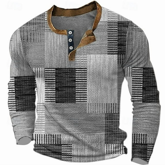 Mens Henley Shirts Vintage Patchwork Long Sleeve Tshirt Summer Festival Kurta Shirts Lightweight Breathable Hippie Casual Shirt Gray XL