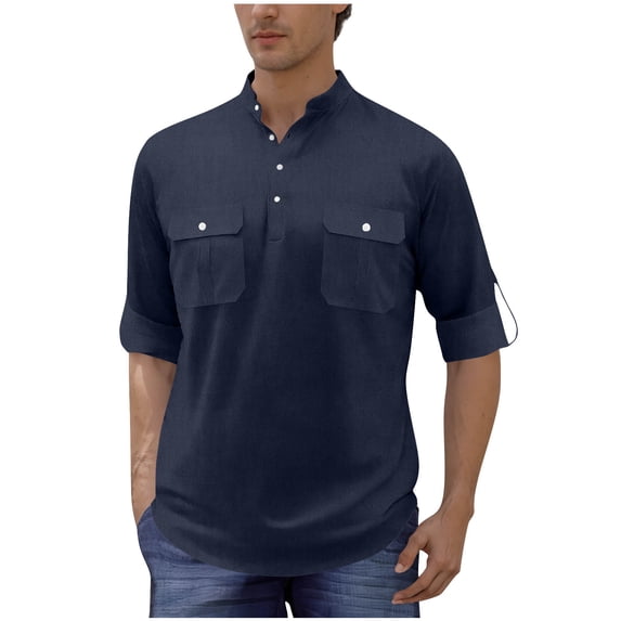 Mens Henley Short Sleeve T-Shirts Casual Band Collar V Neck Shirts Summer Solid Color Hippie Tops Beach Vacation Tees with Pockets
