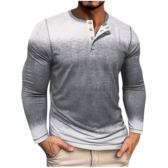 Mens Henley T Shirt,Gradient Long Sleeve Round Neck Button Shirt,Retro Muscle Slim Tie-dye Blouses,Men Fall Winter Outdoor Gym Sport Fitness Tops Comfort Breathable Tees Size S-3XL