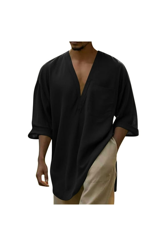 Mens Henley T-Shirts Casual Cotton Linen Short Sleeve T-Shirt Summer Loose Fit Long Line Tees Solid Color Outdoor Fashion Oversize Streetwear